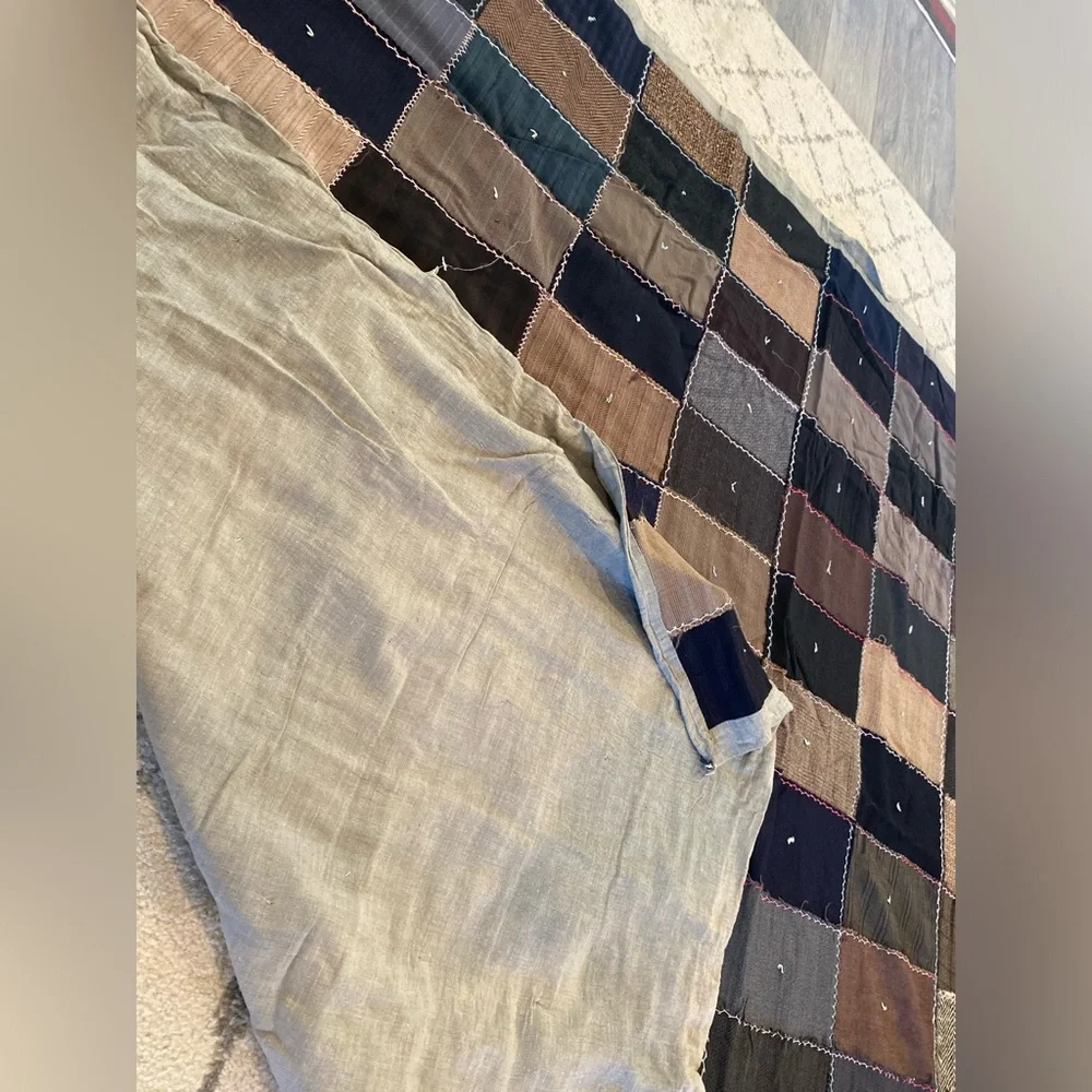 Vintage String Tied Patchwork Comforter/Quilt Made from Men's Old Suits-80”/64”